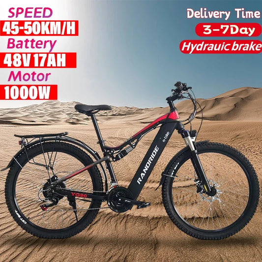 RANDRIDE YG90 Electric Bicycle 1000W 48V17AH Shimano Hydraulic Brake Ebike with Full Suspension  21 Gears Shift Free Rack