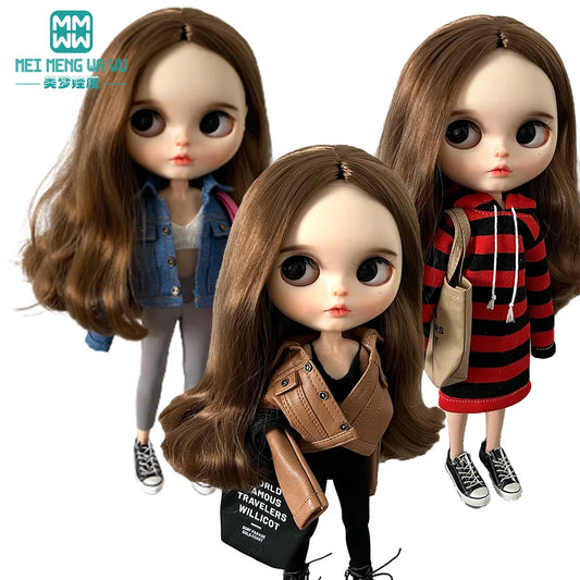 Mga Damit ng Blyth Doll azon OB22 OB24 Fashion brown, puti at itim na faux leather jacket Regalo sa Laruan