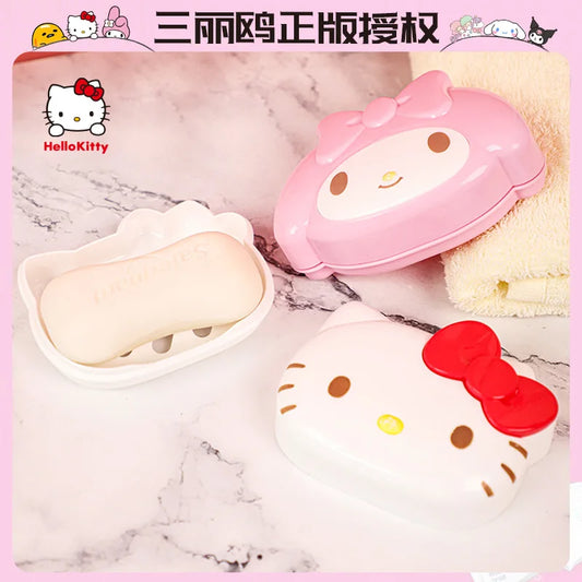 حامل علبة صابون من Sanrio Hello Kitty My Melody مع غطاء وطبق علبة صابون للحمام والمنزل وصابون الغسيل والهدايا