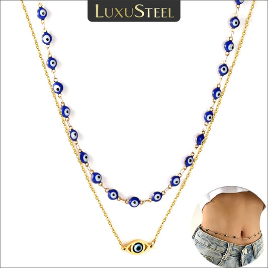 LUXUSTEEL Women's Waist Chain Turkish Blue Evil Eyes Beads Charm Stainless Steel Belly Chain Beach Bikini Bohemia Body Jewelry