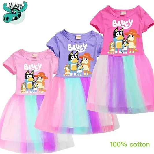 Bluey 2024 Bagong Anime Rainbow Lace Skirt Kawaii Bingo Family Girl Purong Cotton Summer Short-Sleeved Pleated Skirt Girl Heart Gift