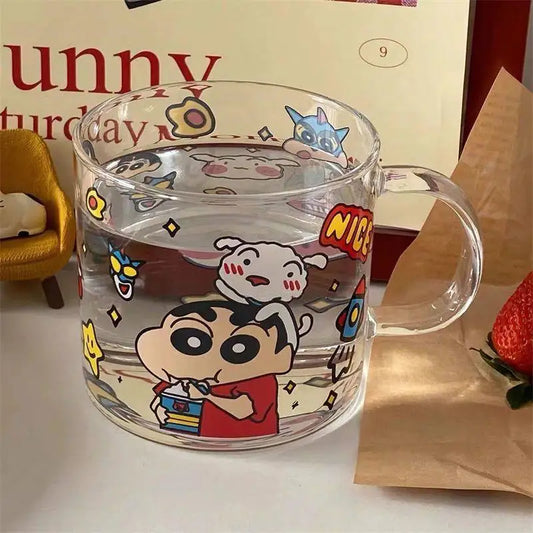 2024 Kawaii لطيف Crayon Shin-Chan كوب ماء Ins كوب حليب طباعة زجاج شفاف كرتون هدايا عيد ميلاد هدايا صديقة