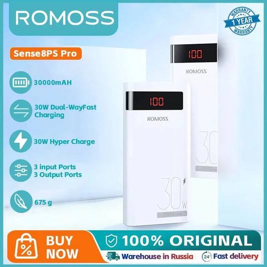 ROMOSS Sense 8PS Pro Powerful Power Bank 30000mAh 30W Type C External Battery Charger Fast Charge Powerbank For Xiaomi 14 iphone