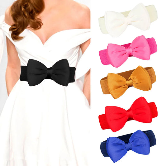 Women Elastic Wide Stretch Buckle Bowknot Bow Waistband Waist Belt Accessories Satin Bow Belt Clubs Party Waistband Girls Lady