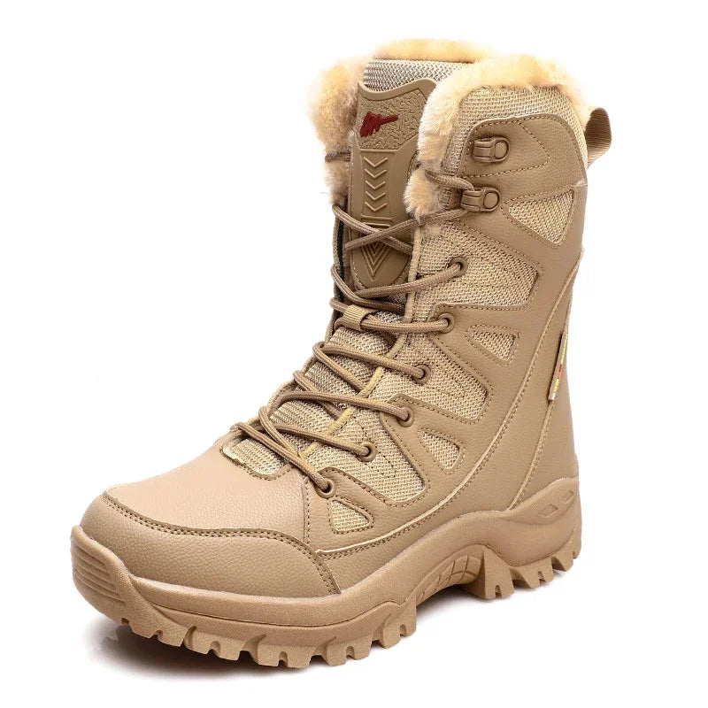 Winter Warm Plush Fur Snow Boots Waterproof Leather Men's Boots Outdoor Non-slip Work Boots Combat Desert Boots Motorcycle Boots