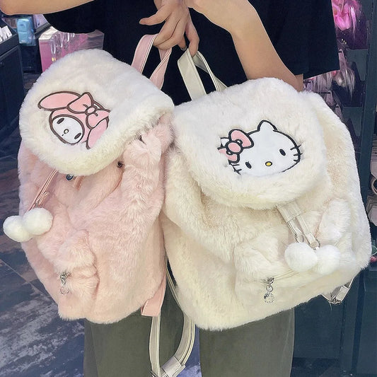 حقيبة مدرسية من القطيفة من Sanrio Hellokitty Kuromi Mymelody حقيبة كتف Kawaii بسيطة تناسب جميع الأذواق حقيبة يد نسائية أنيقة حقيبة ظهر
