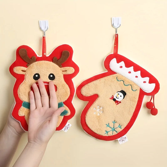 Cute Christmas Hanging Towel For Baby, Coral Fleece Quick-drying Fingertip Towel for Kids, Soft Towel With Hanging Loop