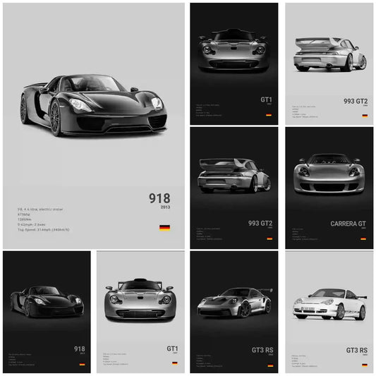 Pop Black And White German Luxury Sports Car Canvas Poster Wall Art 911 GT3 RS Turbo HD Oil On Print Garage Living Room Decor