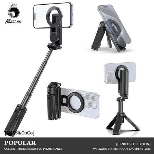 Magnetic Phone Tripod Wireless Phone Grip Selfie Stick Desktop Tripod for iPhone 16 15 14 13 12 Pro Max For Samsung phone holder
