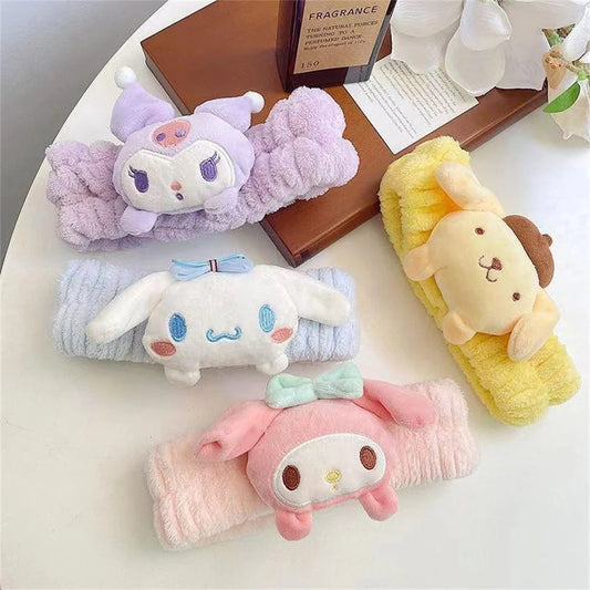 عصابة رأس من Sanrio Kawaii Cinnamoroll Kuromi Melody Kitty Plush Bow Makeup Wash Hair Ring إكسسوارات شعر هدايا للبنات
