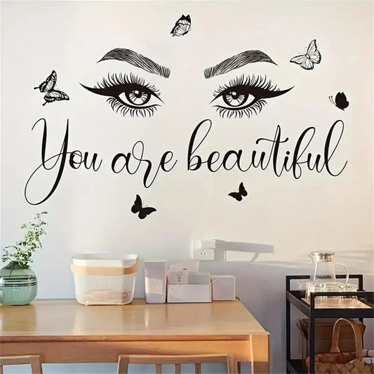 1 pc beautiful lash for salon with butterfly Wall Sticker Pvc Wall Art Stickers Modern Fashion Wallsticker for hairdress
