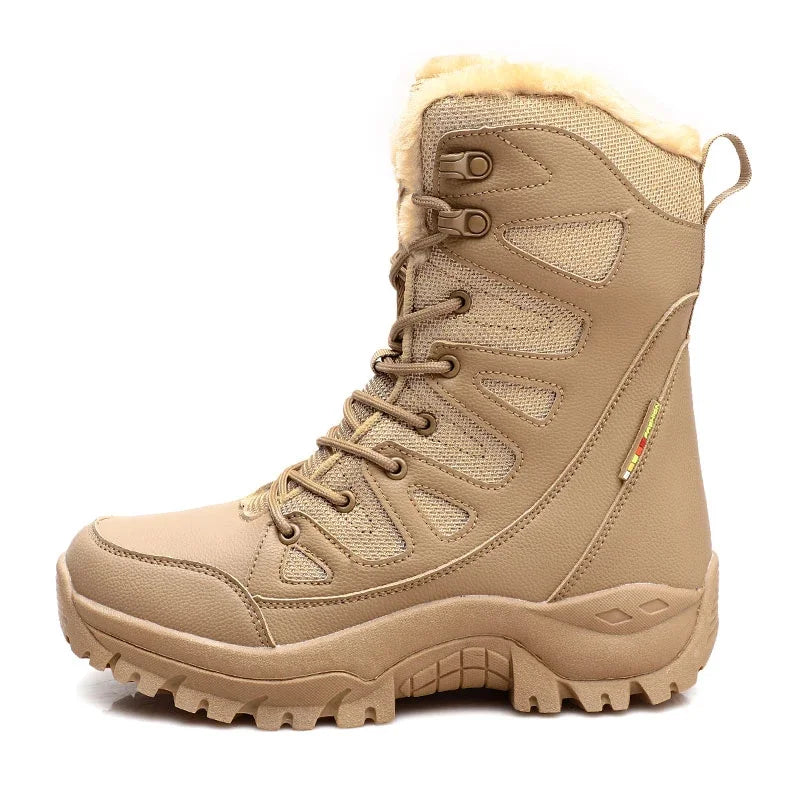 Winter Warm Plush Fur Snow Boots Waterproof Leather Men's Boots Outdoor Non-slip Work Boots Combat Desert Boots Motorcycle Boots